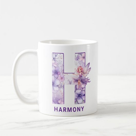 Gepersonaliseerd Lila feeënmonogram H Koffiemok (Links)