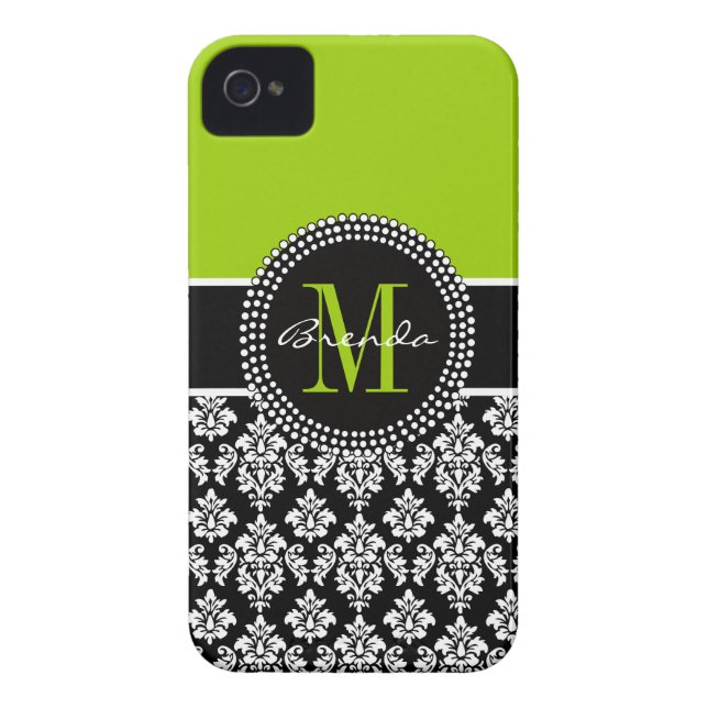 Gepersonaliseerd Lime Green Black Damask Hoesje (Achterkant)