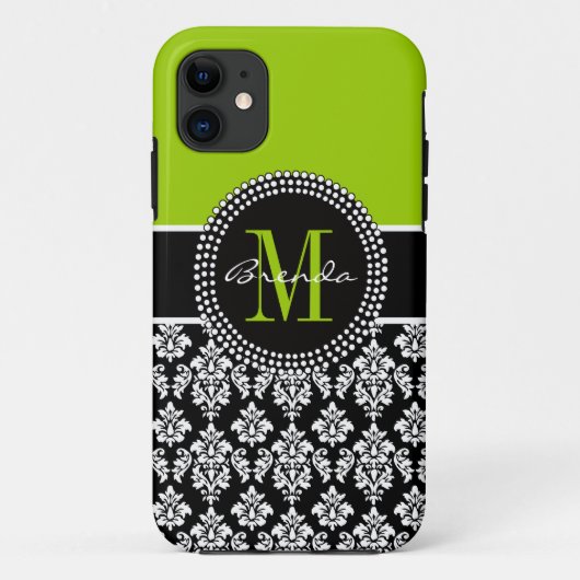 Gepersonaliseerd Lime Green Black Damask Hoesje (Achterkant)