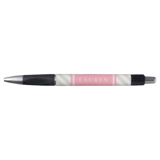 Gepersonaliseerd linnen beige en roze strepen patr pen (Voorkant)
