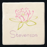 Gepersonaliseerd Lotus Flower/Water Lily Illustrat Stenen Onderzetter<br><div class="desc">Een omtrek van een lotusbloem/waterlelie. De in roze geschetste zaden en de in groen geschetste bladeren. Aanpassen met jouw naam.</div>