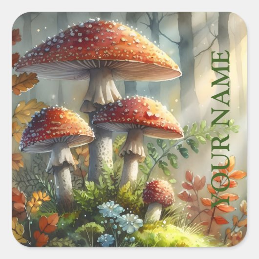 Gepersonaliseerd Magic Forest Amanita Paddenstoele Vierkante Sticker (Voorkant)