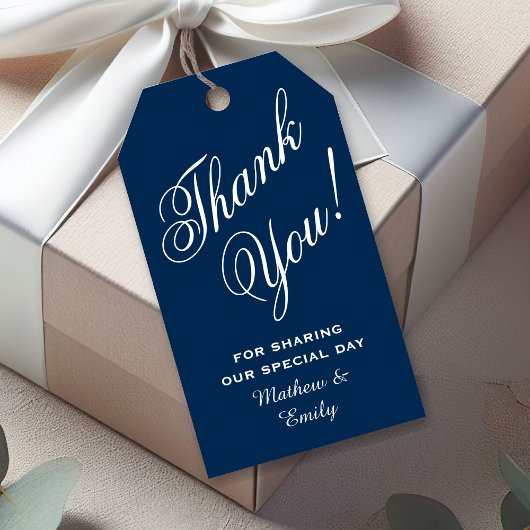 Gepersonaliseerd marineblauw dank u huwelijksgunst cadeaulabel