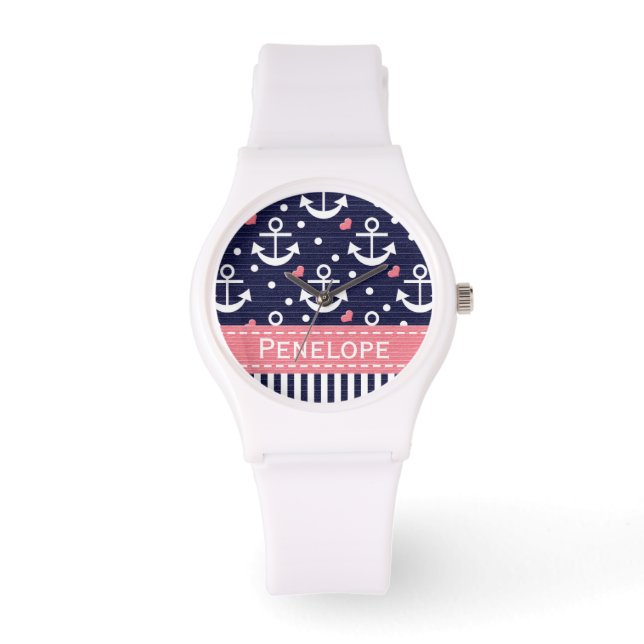 Gepersonaliseerd marineblauw en roze anker horloge (Voorkant)