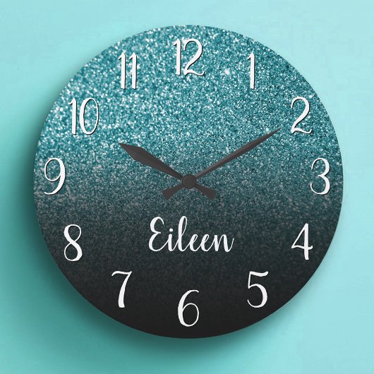 Gepersonaliseerd meisje Blauwgroen Glitter Black O Grote Klok
