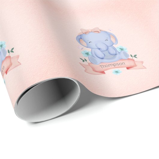 Gepersonaliseerd meisje Blue Elephant Coral Cadeaupapier (Rol Hoek)