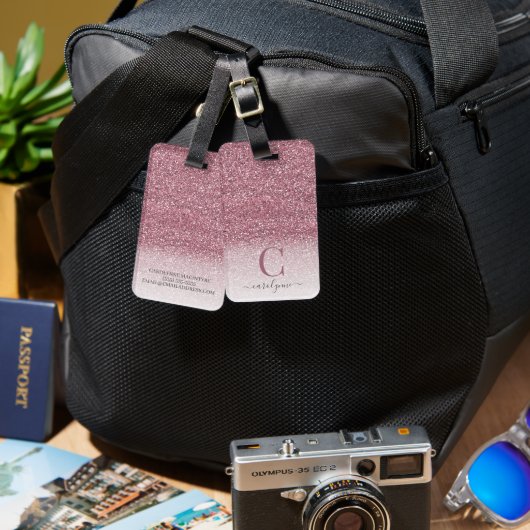 Gepersonaliseerd meisje Blush Roze Glitter Monogra Bagagelabel (Voorkant /achterkant)