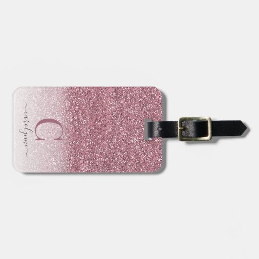 Gepersonaliseerd meisje Blush Roze Glitter Monogra Bagagelabel (Voorkant horizontaal)