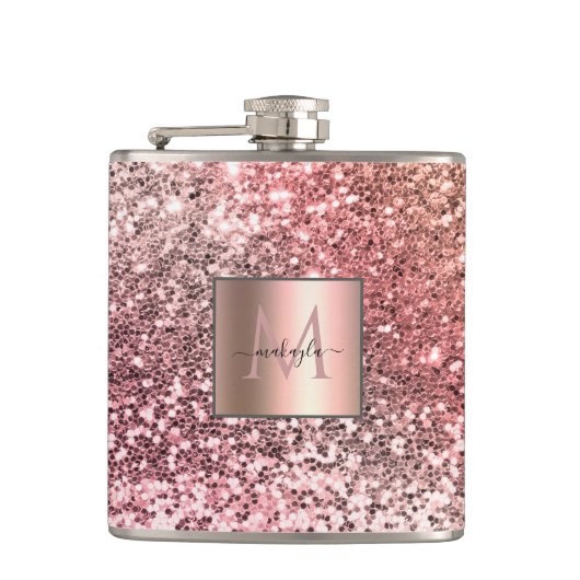 Gepersonaliseerd meisje Blush Roze Glitter Monogra Heupfles (Voorkant)