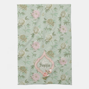 Gepersonaliseerd meisje Chic Green en roze Floral Theedoek