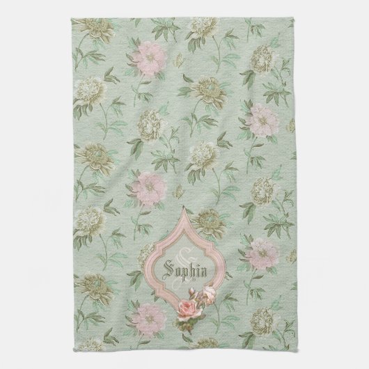 Gepersonaliseerd meisje Chic Green en roze Floral Theedoek (Verticaal)