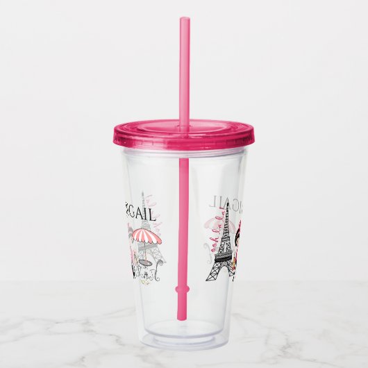 Gepersonaliseerd meisje en kat Eiffeltoren Parijs Acryl Drinkbeker (Rechts)