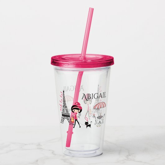 Gepersonaliseerd meisje en kat Eiffeltoren Parijs Acryl Drinkbeker (Achterkant)