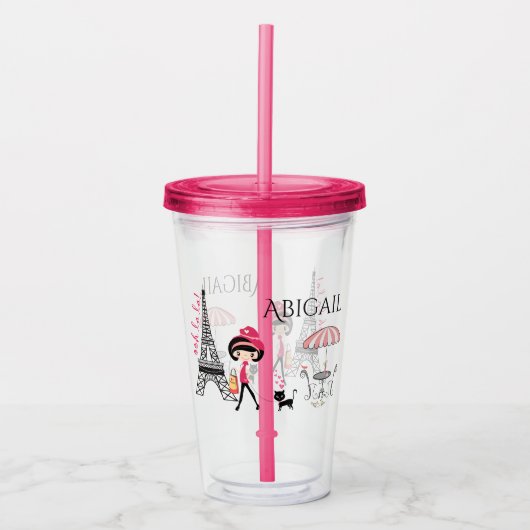 Gepersonaliseerd meisje en kat Eiffeltoren Parijs Acryl Drinkbeker (Voorkant)