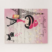 Gepersonaliseerd meisje en kat in de giffeltoren i legpuzzel (Horizontaal)