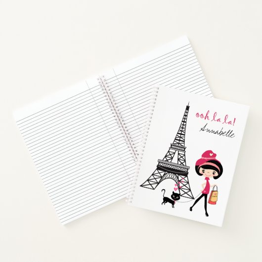 Gepersonaliseerd meisje en Kat Paris Eiffel Tower Notitieboek (Binnen)