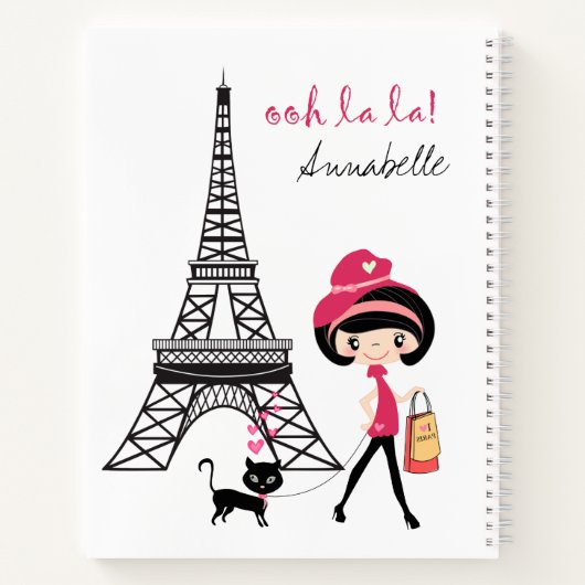 Gepersonaliseerd meisje en Kat Paris Eiffel Tower Notitieboek (Achterkant)