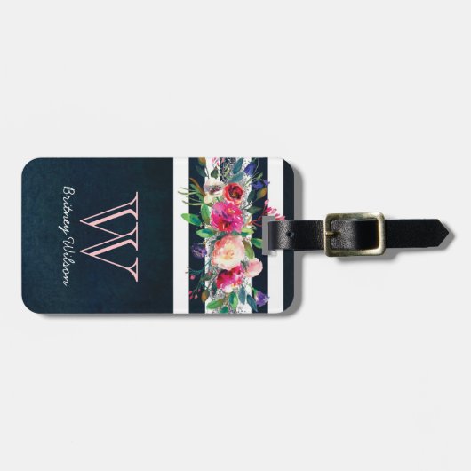 Gepersonaliseerd meisje Floral Stripped Monogram Bagagelabel (Voorkant horizontaal)