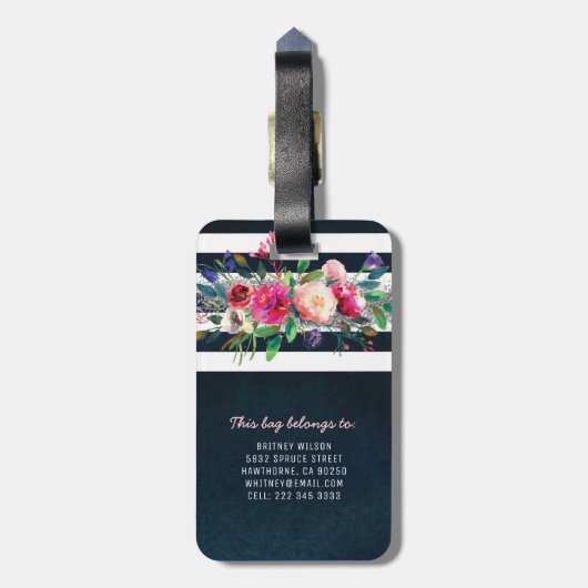 Gepersonaliseerd meisje Floral Stripped Monogram Bagagelabel (Achterkant verticaal)