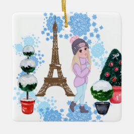 Gepersonaliseerd meisje in de Parijse wintertoren  Keramisch Ornament