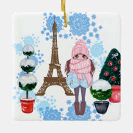 Gepersonaliseerd meisje in de Parijse wintertoren  Keramisch Ornament