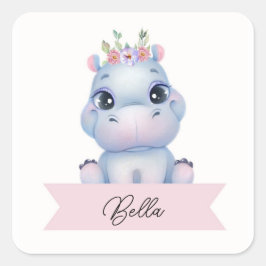 Gepersonaliseerd meisje nijlpaard vierkante sticker