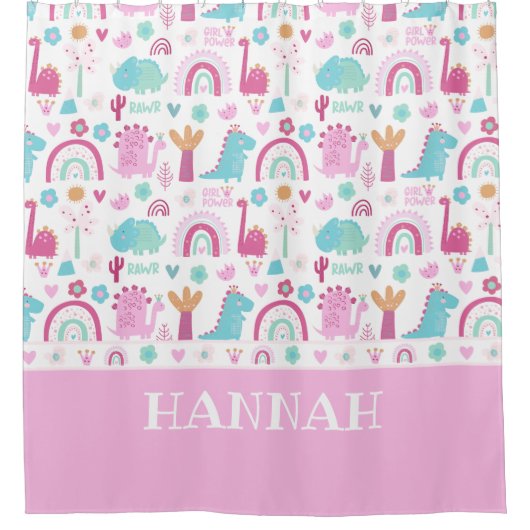 Gepersonaliseerd meisje Power Dinosaur Douchegordijn (Voorkant)