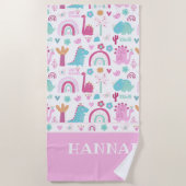 Gepersonaliseerd meisje Power Dinosaur Strandlaken (Voorkant)