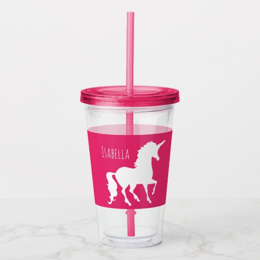 Gepersonaliseerd meisje White Unicorn Silhouette P Acryl Drinkbeker (Voorkant)