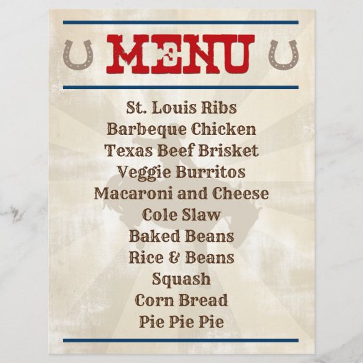 Gepersonaliseerd menu Cowboy Hoedown Party (Voorkant)