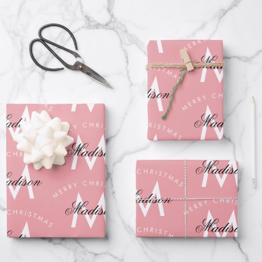 Gepersonaliseerd Merry Christmas Blush Roze Monogr Inpakpapier Vel (Voorkant)