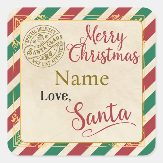 Gepersonaliseerd "Merry Christmas Love Santa" labe Vierkante Sticker (Voorkant)