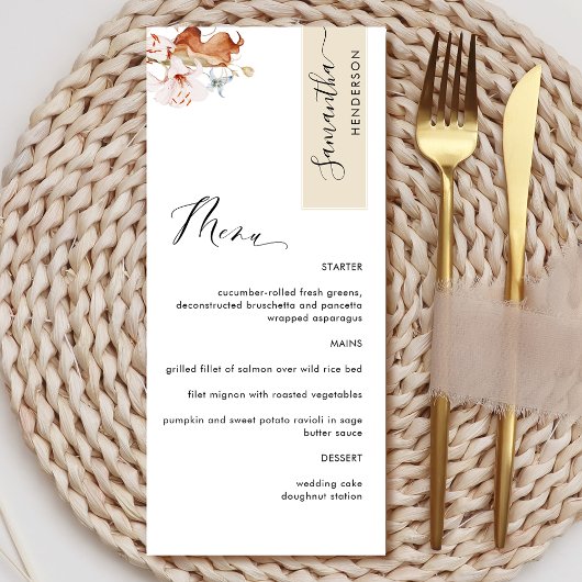 Gepersonaliseerd met gastnaam, Beige aardse bloeme Menu
