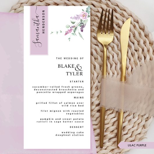 Gepersonaliseerd met gastnaam, lila bloemige bruil menu