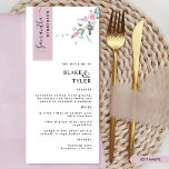 Gepersonaliseerd met gastnaam, mauve bloemige trou menu<br><div class="desc">Waarom geld uitgeven aan plaatskaarten en menukaarten als je een elegante alles-in-één elegante menu kunt hebben, gepersonaliseerd met de naam van elke gast? Hedendaags, eenvoudig en stijlvol ontwerp met mooie moderne handgeschreven kalligrafiedetails en delicate bloemen in stoffig paars, mauve, lila en lavendel. De streep in de linkerbovenhoek is in een...</div>