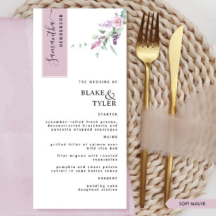 Gepersonaliseerd met gastnaam, mauve bloemige trou menu
