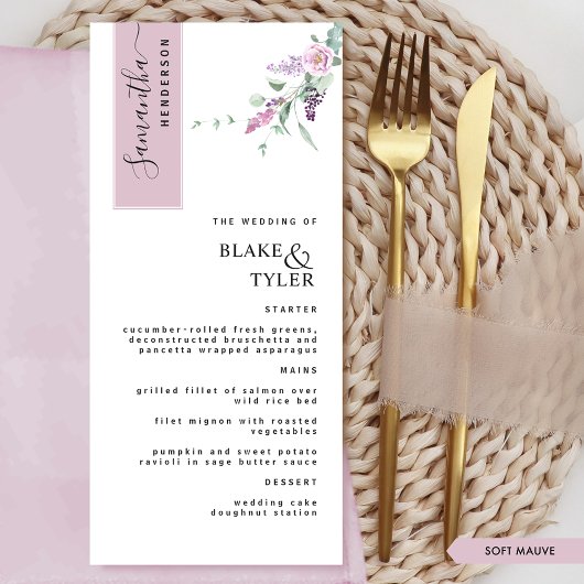 Gepersonaliseerd met Gastnaam, Mauve Floral Weddin Menu