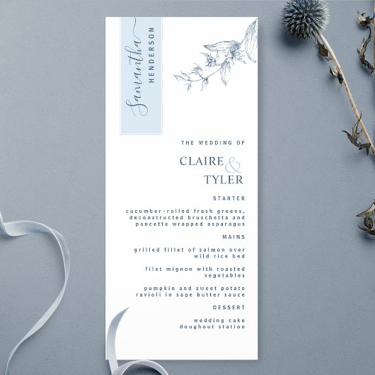 Gepersonaliseerd met gastnaam, stoffig blauwe trou menu