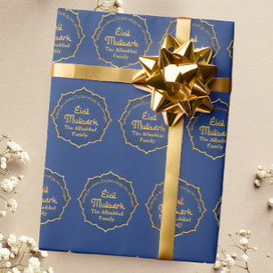 Gepersonaliseerd met Naam Blauw en Goud Eid Mubara Cadeaupapier