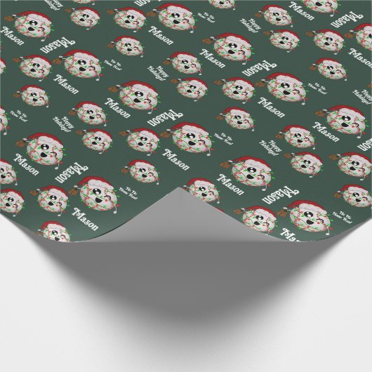 Gepersonaliseerd met naam Christmas Lights Honkbal Cadeaupapier (Hoek)