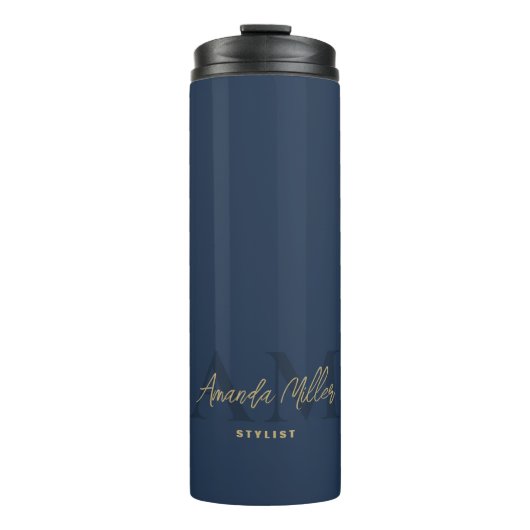 Gepersonaliseerd met naam Navy Blue Gold Monogram Thermosbeker (Voorkant)