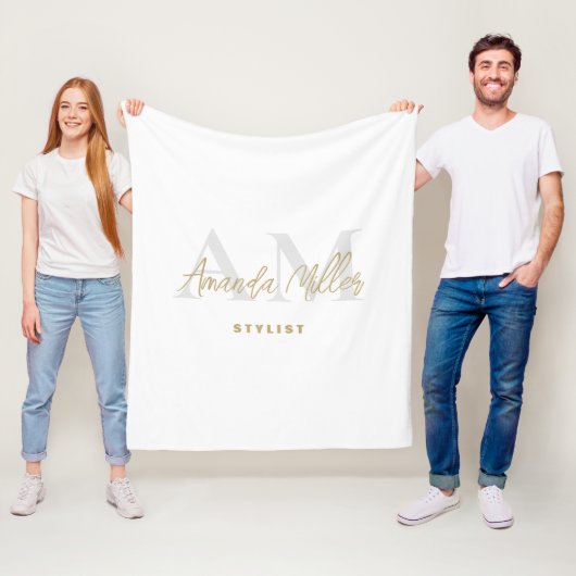 Gepersonaliseerd met naam Wit Goud Modern Monogram Fleece Deken (In situ)