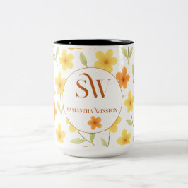 Gepersonaliseerd met Sinaasappel & Gele Bloemen _ Tweekleurige Koffiemok
