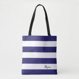 Gepersonaliseerd Midnight Blue en White Striped Ta Tote Bag