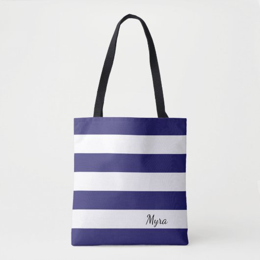 Gepersonaliseerd Midnight Blue en White Striped Ta Tote Bag (Voorkant)