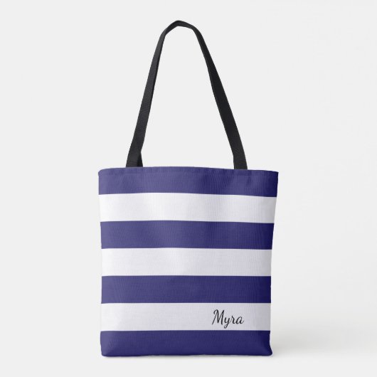 Gepersonaliseerd Midnight Blue en White Striped Ta Tote Bag (Achterkant)