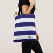 Gepersonaliseerd Midnight Blue en White Striped Ta Tote Bag (Dichtbij)