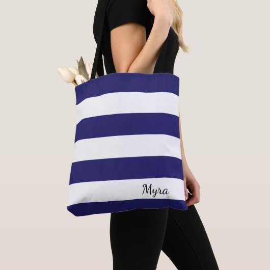 Gepersonaliseerd Midnight Blue en White Striped Ta Tote Bag (Dichtbij)
