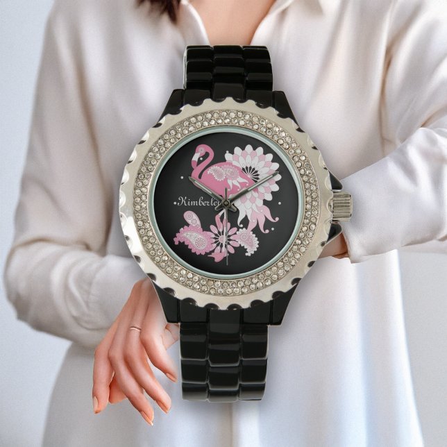 Gepersonaliseerd Modern Black Paisley Pink Flaming Horloge (Creator heeft geüpload)
