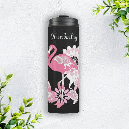 Gepersonaliseerd Modern Black Pink Flamingo Thermosbeker